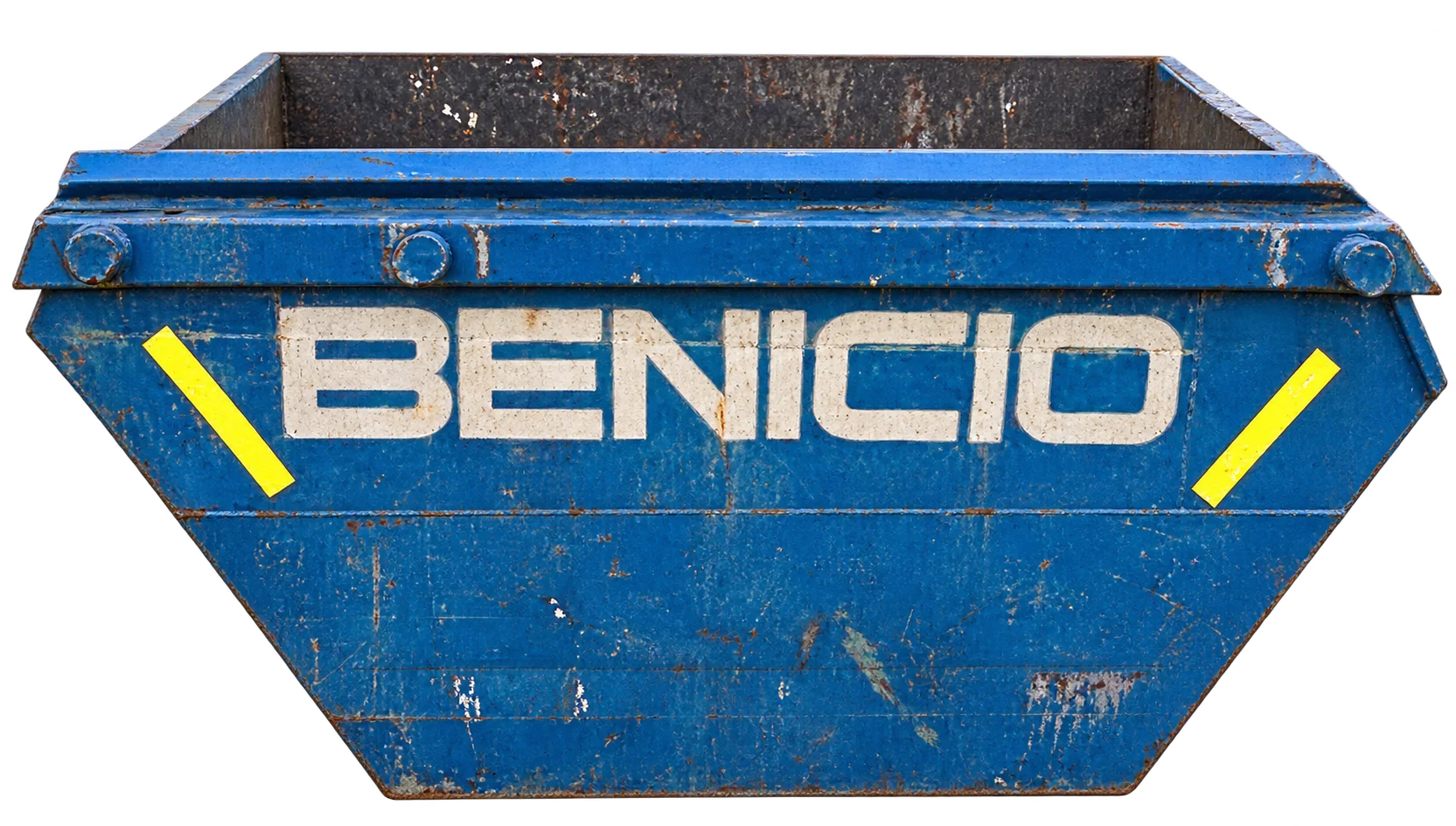 Caçamba azul de entulho da Benício, recortada da foto da empresa
